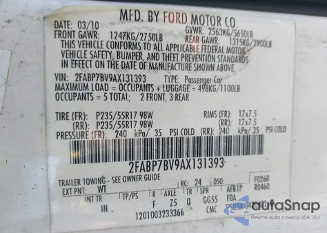 2010 Ford Crown Victoria Police/Police Interceptor from USA, damaged, VIN 2FABP7BV9AX131393